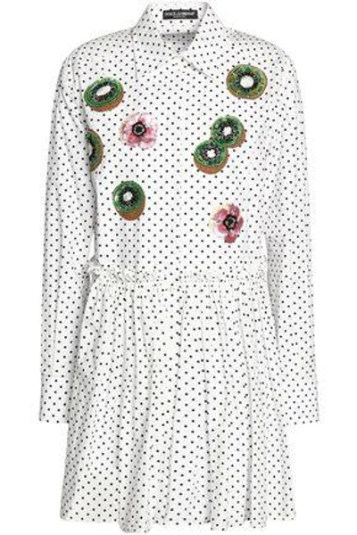 Shop Dolce & Gabbana Woman Embellished Polka-dot Cotton-poplin Mini Shirt Dress White