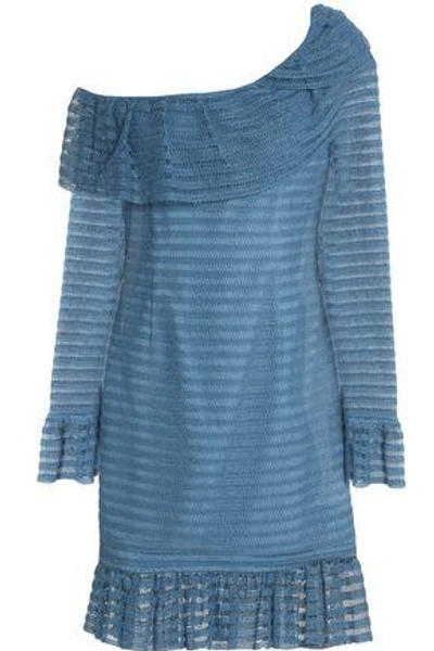 Shop Nicholas One-shoulder Ruffle-trimmed Pointelle-knit Mini Dress In Blue