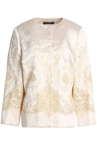 Shop Dolce & Gabbana Woman Mesh-trimmed Embroidered Silk-blend Twill Jacket Ivory