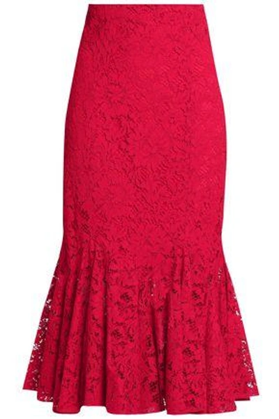 Shop Dolce & Gabbana Woman Fluted Cotton-blend Corded Lace Midi Skirt Red