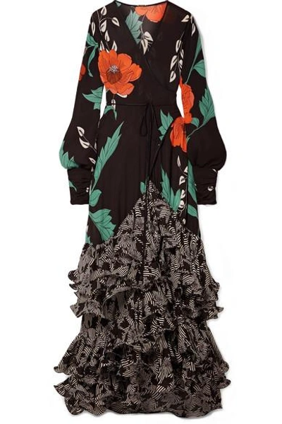 Shop Johanna Ortiz Book Of Tang Ruffled Floral-print Silk-chiffon Wrap Dress In Black