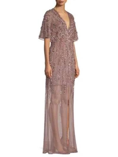 Shop Aidan Mattox Embroidered V-neck Gown In Moonstone