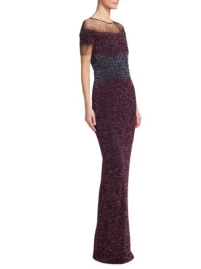 Shop Pamella Roland Ombre Illusion Shoulder Sequin Gown In Amethyst Navy