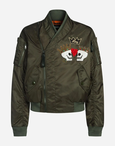 Shop Dolce & Gabbana Nylon Bomber Jacket With Patches In Brown