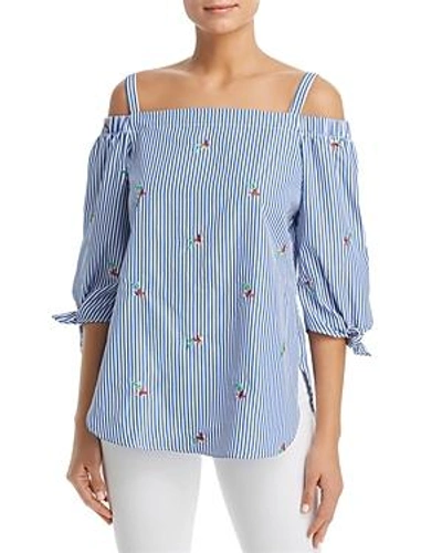 Shop Status By Chenault Embroidered Stripe Cold-shoulder Top - 100% Exclusive In Denim/ White