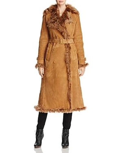 Shop Burberry Tolladine Long Shearling Trench Coat In Dark Camel