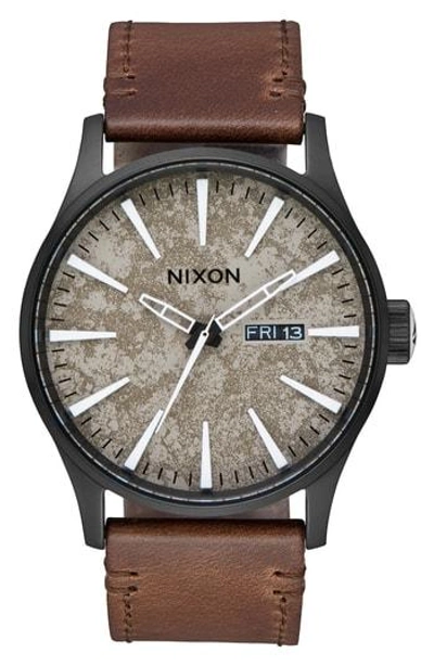 Shop Nixon The Sentry Leather Strap Watch, 42mm In Black/ Concrete