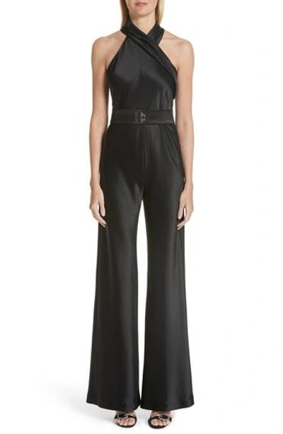 Shop Galvan Halter Neck Satin Jumpsuit In Black