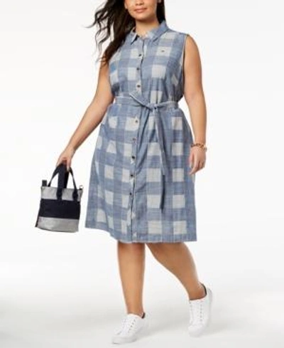 Shop Tommy Hilfiger Plus Size Plaid Shirtdress, Created For Macy's In Indigo Multi