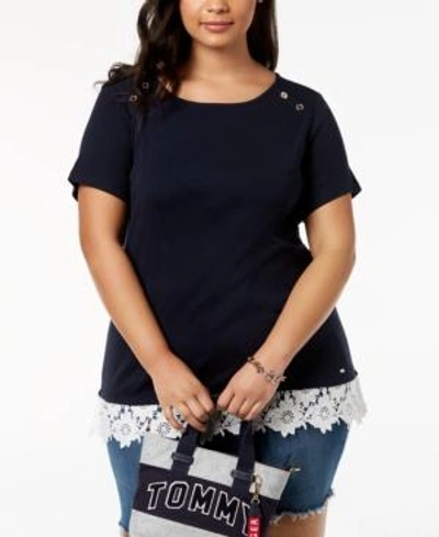 Shop Tommy Hilfiger Plus Size Cotton Lace-trim Top, Created For Macy's In Sky Captain/ivory