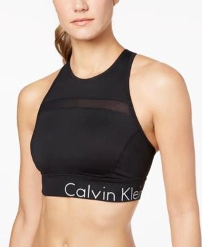 Shop Calvin Klein Performance Strappy-back High-neck Medium-support Sports Bra In Black