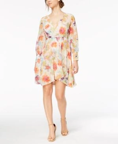 Shop Calvin Klein Faux-wrap Floral-print Dress In Watermelon Multi