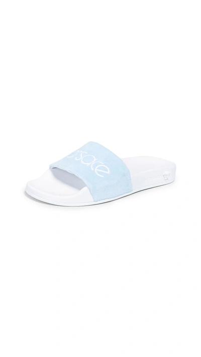 Shop Versace Terry Slides In Light Blue