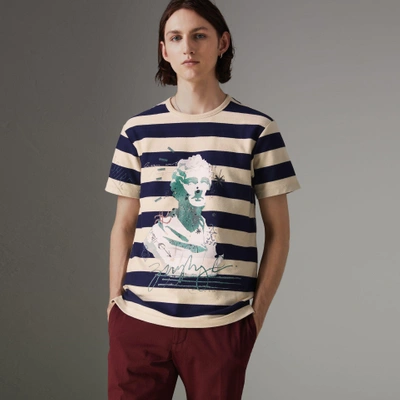 Shop Burberry Bust Print Striped Cotton T-shirt In Off White/navy