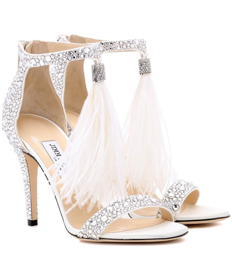 Jimmy Choo Viola 110 White Suede And Hot Fix Crystal Embellished Sandals With An Ostrich Feather