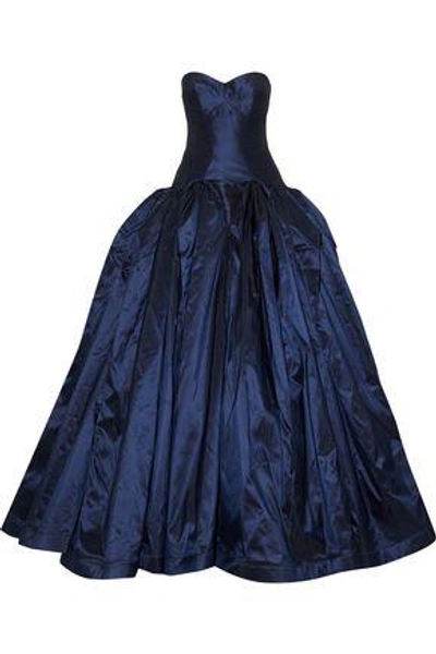 Shop Zac Posen Woman Strapless Pleated Silk Duchesse-satin Gown Navy