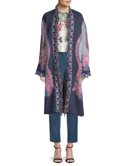 Shop Etro Floral Fringed Knit Coat In Navy