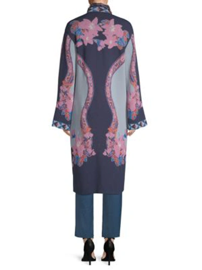 Shop Etro Floral Fringed Knit Coat In Navy
