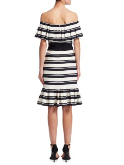 Shop Halston Heritage Off-the-shoulder Stripe Flounce Dress In Black Cream