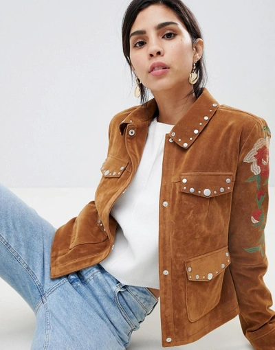 Shop Urbancode Studded Trucker Jacket With Contrast Embroidery - Tan