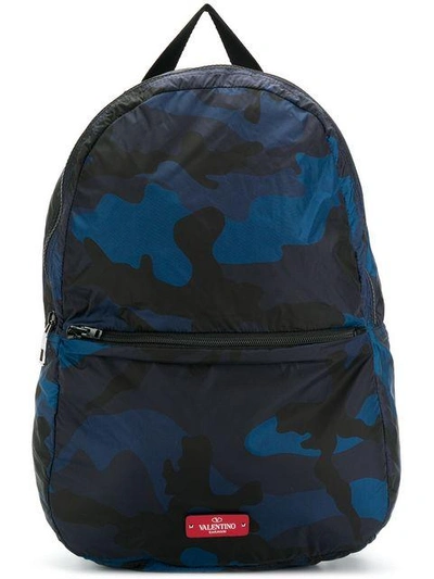 Shop Valentino Camouflage Print Backpack In Blue