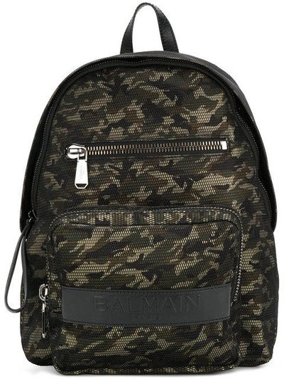 Shop Balmain Camouflage Print Backpack In Green