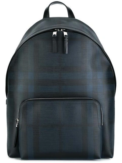 Shop Burberry Leather Trim London Check Backpack In Blue