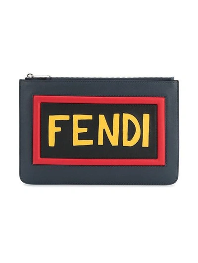 Shop Fendi Logo Patch Pouch In Blue