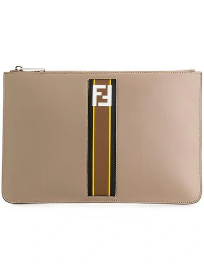 Shop Fendi Logo Zipped Clutch - Brown