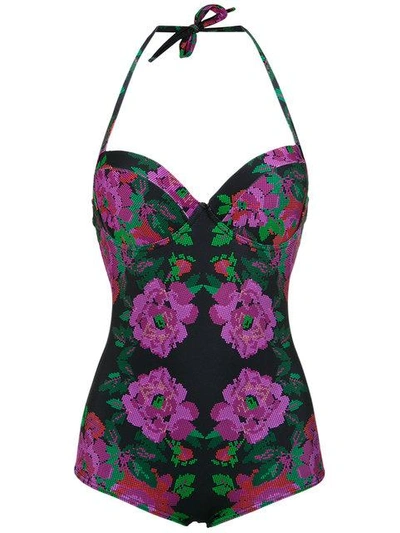 Shop Amir Slama Floral Print Swimsuit In Preto