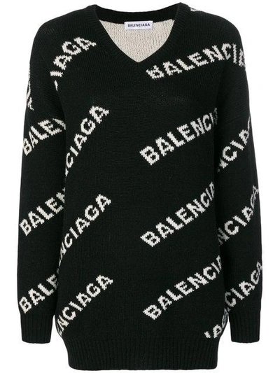 Shop Balenciaga V-neck Logo Sweater - Black