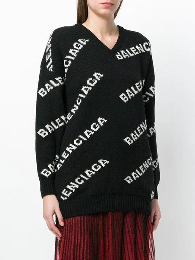 Shop Balenciaga V-neck Logo Sweater - Black