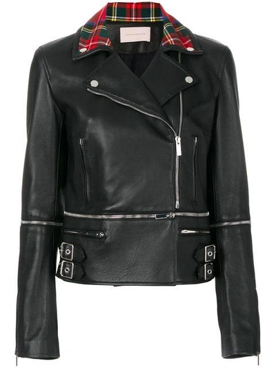 Shop Christopher Kane Leather Tartan Zip Biker - Black