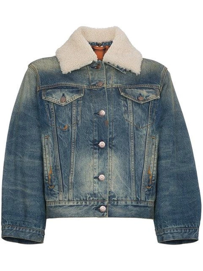 Shop Gucci Fication Print Cropped Denim Jacket In Blue