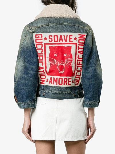 Shop Gucci Fication Print Cropped Denim Jacket In Blue