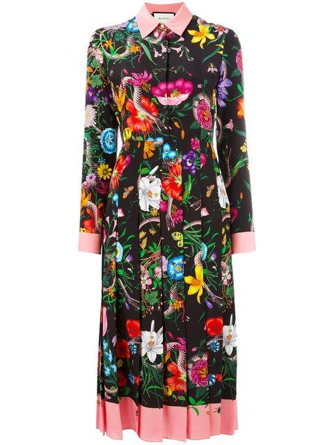 Gucci Pleated Printed Silk Crepe De Chine Dress In Multicolour | ModeSens