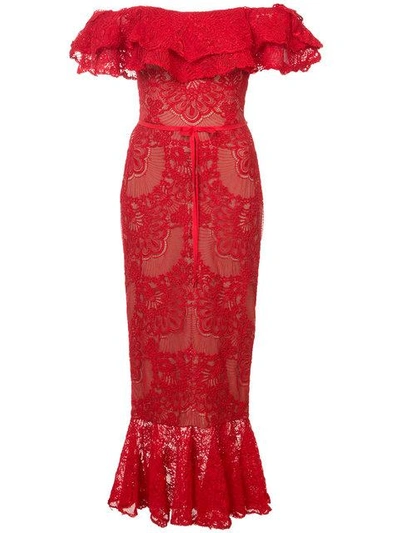 Shop Marchesa Notte Lace-embroidered Midi Dress In Red