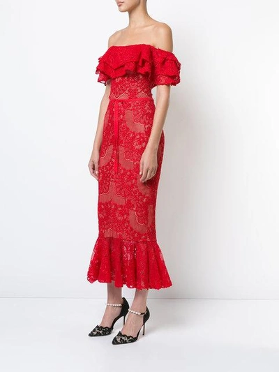 Shop Marchesa Notte Lace-embroidered Midi Dress In Red