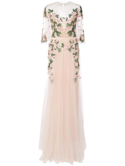 Shop Marchesa Notte Floral Embroidered Gown In Pink ,multicolour