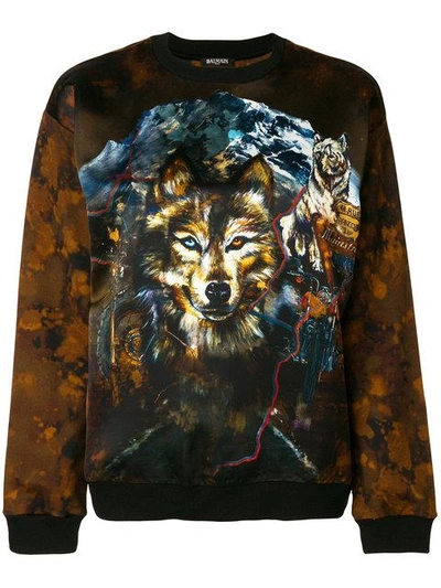 Shop Balmain Wolf Printed Sweatshirt - Brown