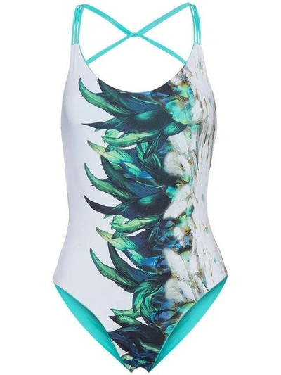 Shop Belusso Feather Print Reversible Cross Back Swimsuit In White