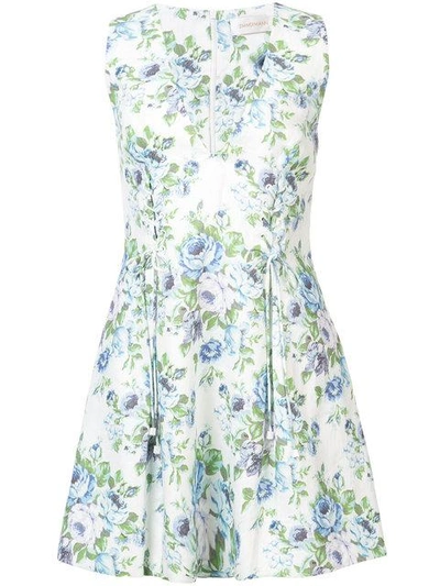 Zimmermann Breeze Floral-print Lace-up Linen Dress In Blue/white | ModeSens