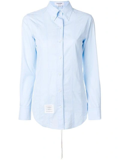 Shop Thom Browne Lace-up Back Long Sleeve Button Down Point Collar Shirt In Solid Poplin In Blue