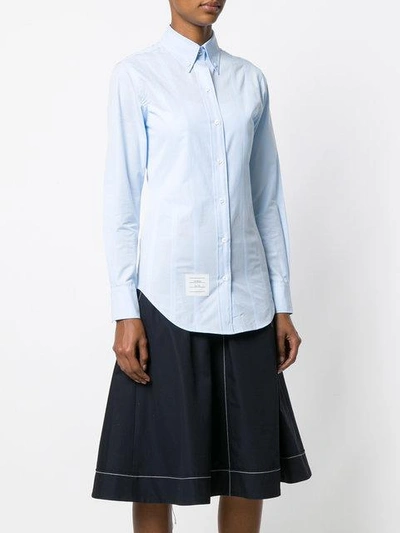 Shop Thom Browne Lace-up Back Long Sleeve Button Down Point Collar Shirt In Solid Poplin In Blue