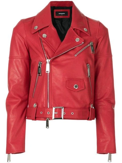 Shop Dsquared2 Leather Biker Jacket In Red