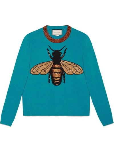 Shop Gucci Bee Wool Knit Sweater In Blue