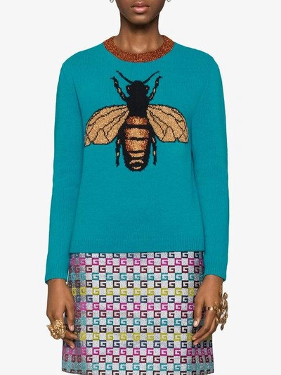 Shop Gucci Bee Wool Knit Sweater In Blue