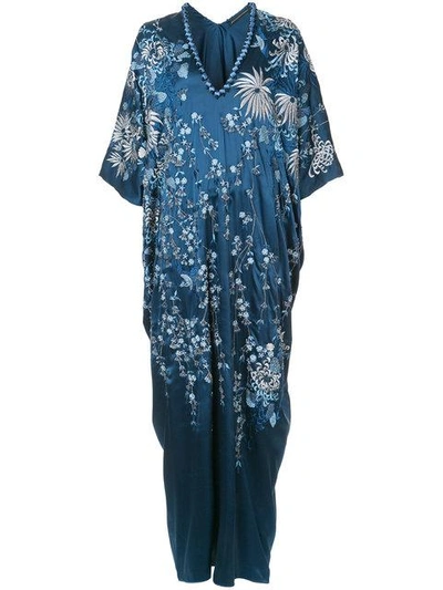 Shop Natori Floral-embroidered Caftan Dress In Blue