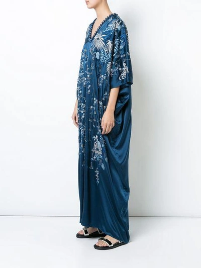 Shop Natori Floral-embroidered Caftan Dress In Blue