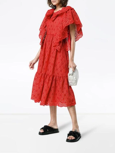 Shop Msgm Ruffled Broderie Anglaise Midi Dress In Red